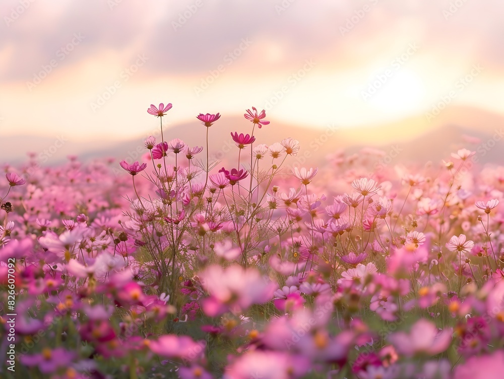 Obraz premium Vibrant Pink Floral Meadow at Sunset in Tranquil Natural Landscape