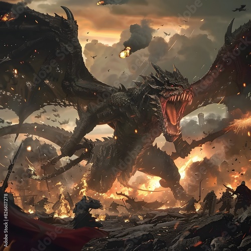 Fierce Mythical Dragon Unleashing Apocalyptic Destruction in Epic Fantasy Battle Landscape