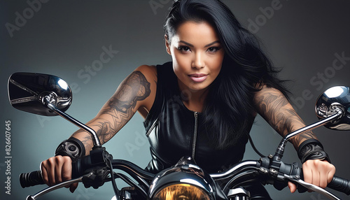 Hübsche Frau sitzt auf einem Motorrad photo