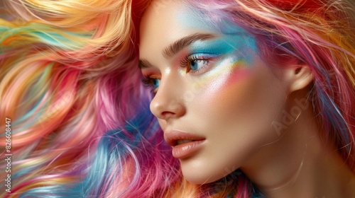 Beauty Fashion Model Girl with Colorful Dyed Hair. Girl with perfect Makeup and Hairstyle. Model with perfect Healthy Dyed Hair. Rainbow Hairstyles © Nataliya