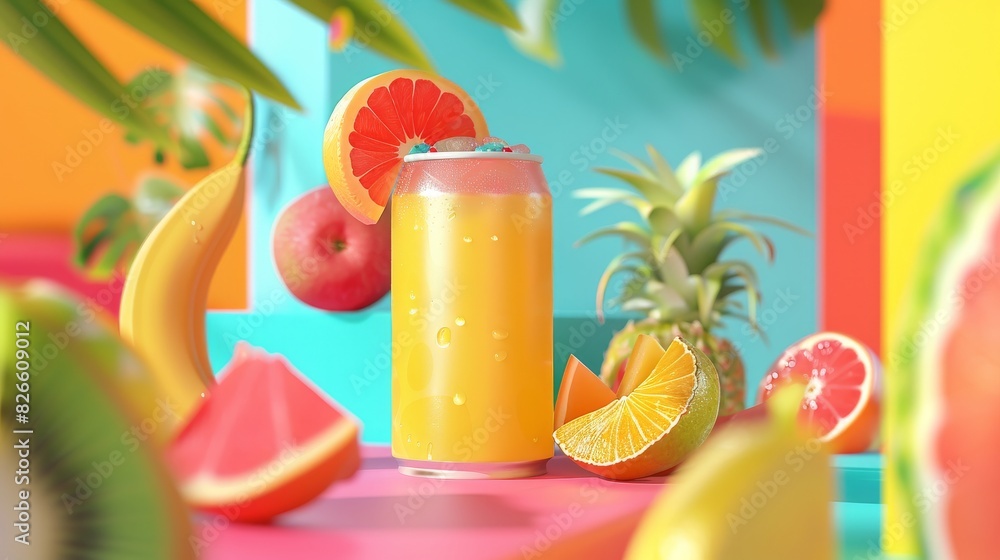 Fototapeta premium Highlight the vibrant colors of a tropical fruit juice box and a trendy canned iced coffee