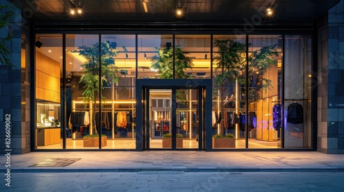 digital photography of a modern luxury fashion store front with glass windows, a modern interior design, 