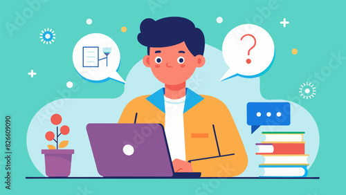 A young student with a laptop in hand attending a live QA session with a renowned scientist on an educational social network asking insightful. Vector illustration