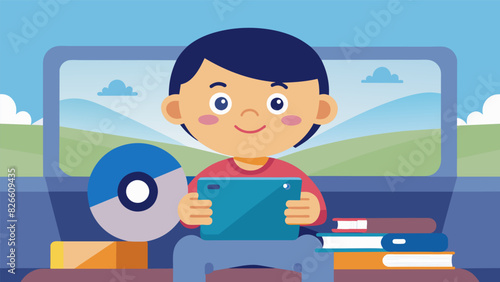 During a road trip a toddler entertained with a favorite movie on a portable DVD player holding the device with ease and changing discs by themselves.. Vector illustration