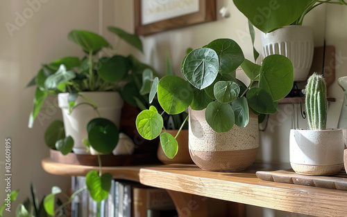 Chinese money plant on a shelf