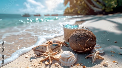 Summer beach essentials like a camera, seashells, and sunglasses on sand with sea waves, isolated on white background photo