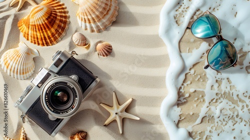 Summer beach essentials like a camera, seashells, and sunglasses on sand with sea waves, isolated on white background photo