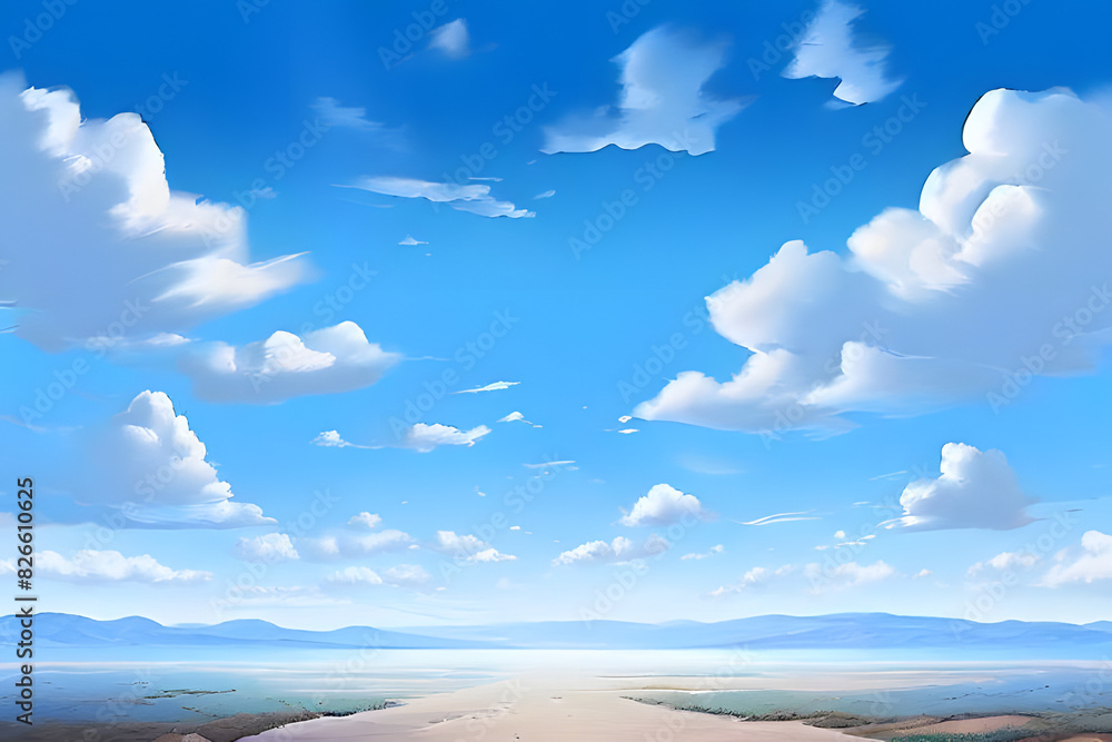 Obraz premium A vibrant sunset creates a colorful sky over a calm blue ocean. The sky is ablaze with orange, pink, and purple hues. The horizon separates the colorful sky from the dark blue ocean.