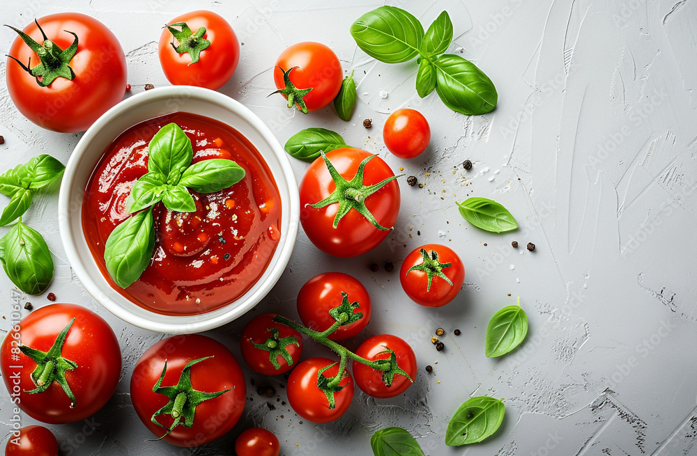 Top view of a bowl of tomato ketchup on a wooden table Top view of a bowl of tomato ketchup on a wooden table