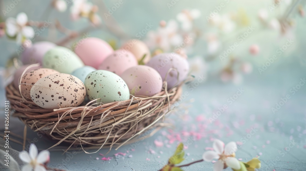Easter Celebration Lovely Pastel Eggs in a Wicker Basket
