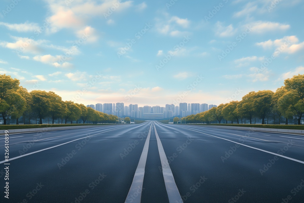 Wide asphalt road with buildings Wide asphalt road with buildings