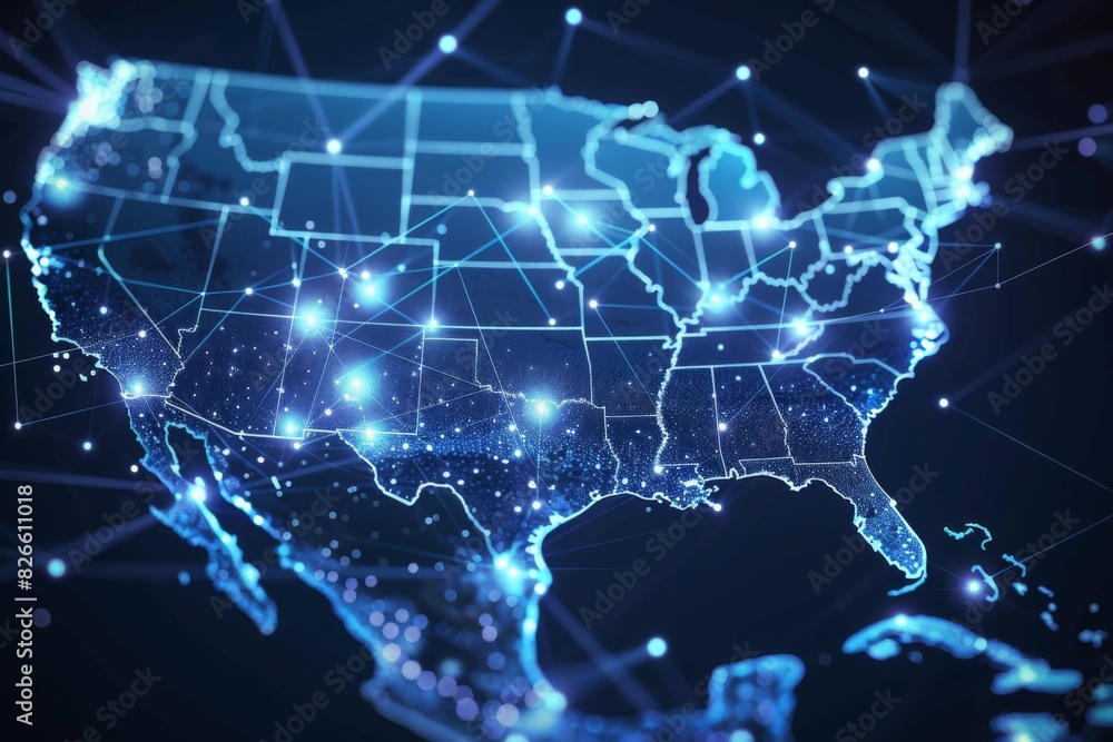 Digital map of america network connectivity created with generative ai Digital map of america network connectivity created with generative ai