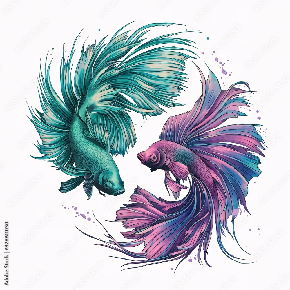 Obraz premium A modern line art drawing of two koi fish, specifically of the Kohaku variety, symbolizing yin and yang