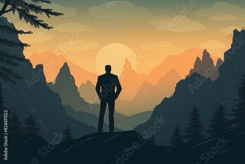 A business man stand on the mountain on blurred background for business concept