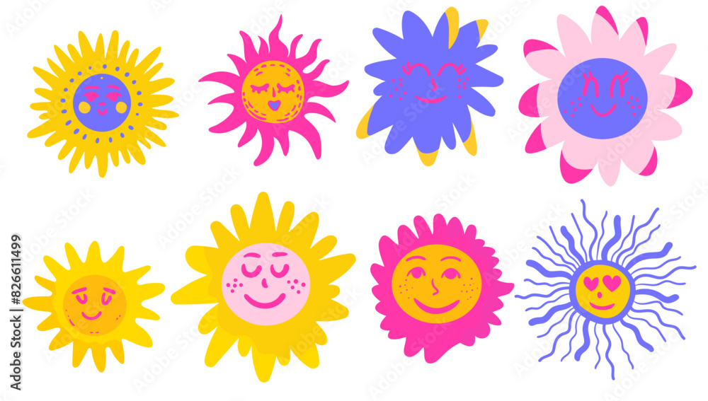 Sun collection of fantasy elements in cute fat style. Kids stickers, solar system, crazy happy emotions. Sun collection of fantasy elements in cute fat style. Kids stickers, solar system, crazy happy emotions.