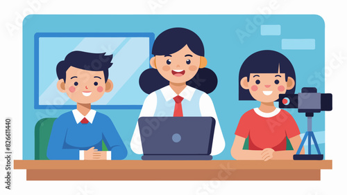 Two students streaming a live interview with the school principal on their YouTube channel for the morning news.. Vector illustration