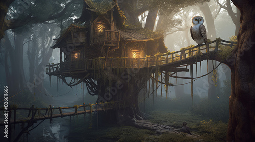 Amidst a twilight forest, a solitary treehouse perches high in the branches of an old oak tree, its timeworn walls blending seamlessly with the surrounding foliage, a soft mist drifts through the air,