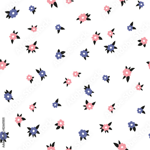 Floral seampless vector pattern. Pretty bright flowers on white background. Meadow simple boho texture. Printing with small colorful flowers. photo