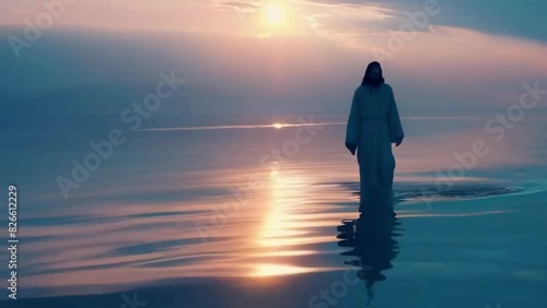 Jesus Christ walking on sea ocean water at sunrise sunset light - 4k new stock video footage animation AI
