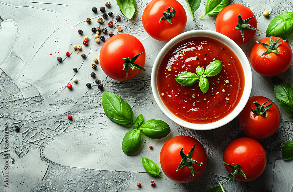 Top view of a bowl of tomato ketchup on a wooden table Top view of a bowl of tomato ketchup on a wooden table