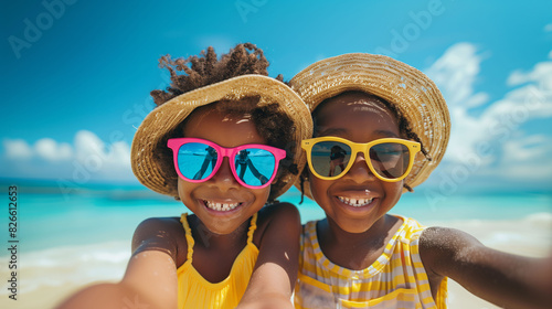 Two African American children taking a selfie on the beach with sunglasses and straw hats. Concept of summer, childhood, and friendship. #826612653