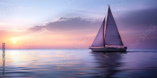 Serenity at Sea: A Peaceful Sailboat Glides Under a Clear Sky. Concept Nature Photography, Maritime Beauty, Tranquil Waters, Sunset Reflections, Calm Sailing