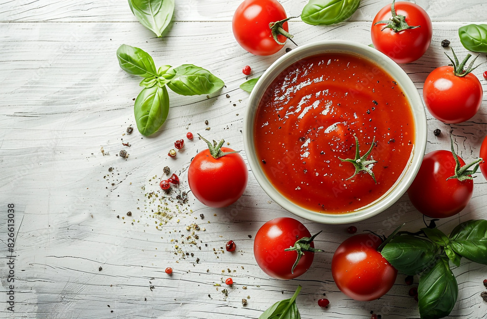 Top view of a bowl of tomato ketchup on a wooden table Top view of a bowl of tomato ketchup on a wooden table