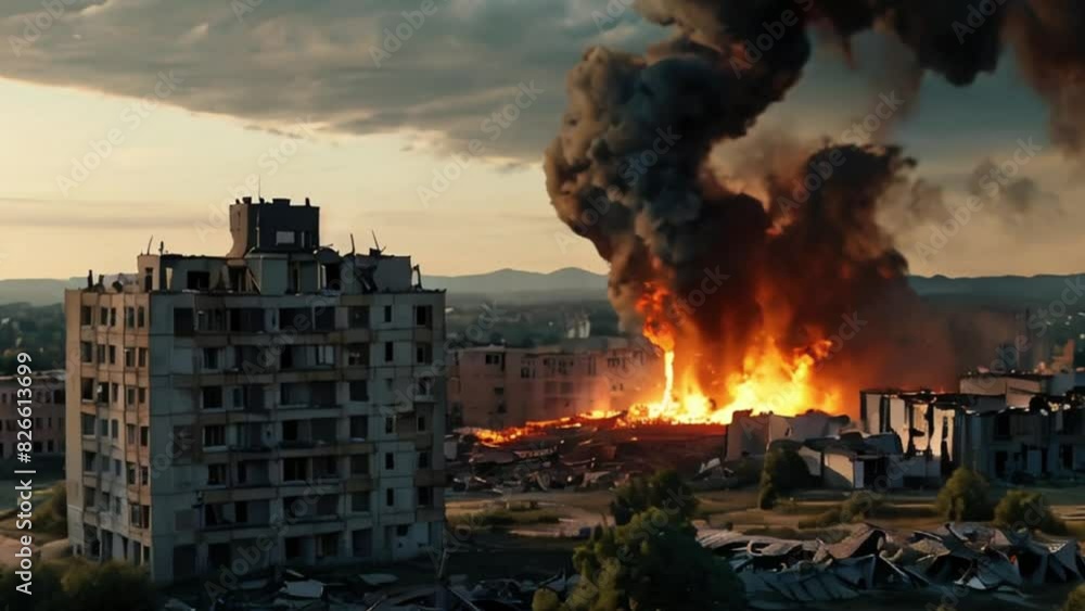 Large Fire Engulfing Building in War-Torn City with Smoke Plumes Against Sunset Sky Large Fire Engulfing Building in War-Torn City with Smoke Plumes Against Sunset Sky