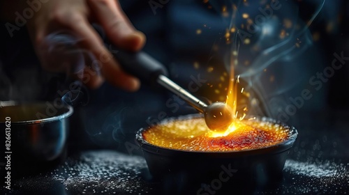 A dessert chef torching a creme brulee, golden sugar crust glowing, dark moody kitchen background, top for text, Editorial, Highcontrast lighting, Photography style