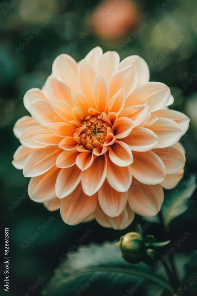 Close Up of Peach Colored Dahlia Flower Blooming in Green Garden Close Up of Peach Colored Dahlia Flower Blooming in Green Garden