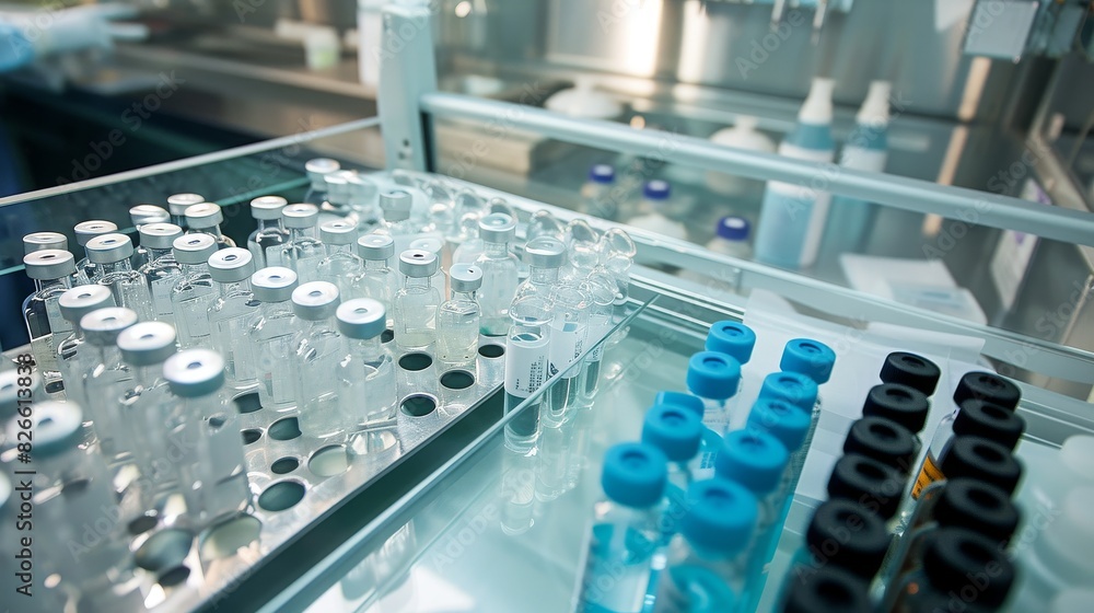 Glass table in a medical facility, with multiple vaccine vials in various stages of preparation Glass table in a medical facility, with multiple vaccine vials in various stages of preparation