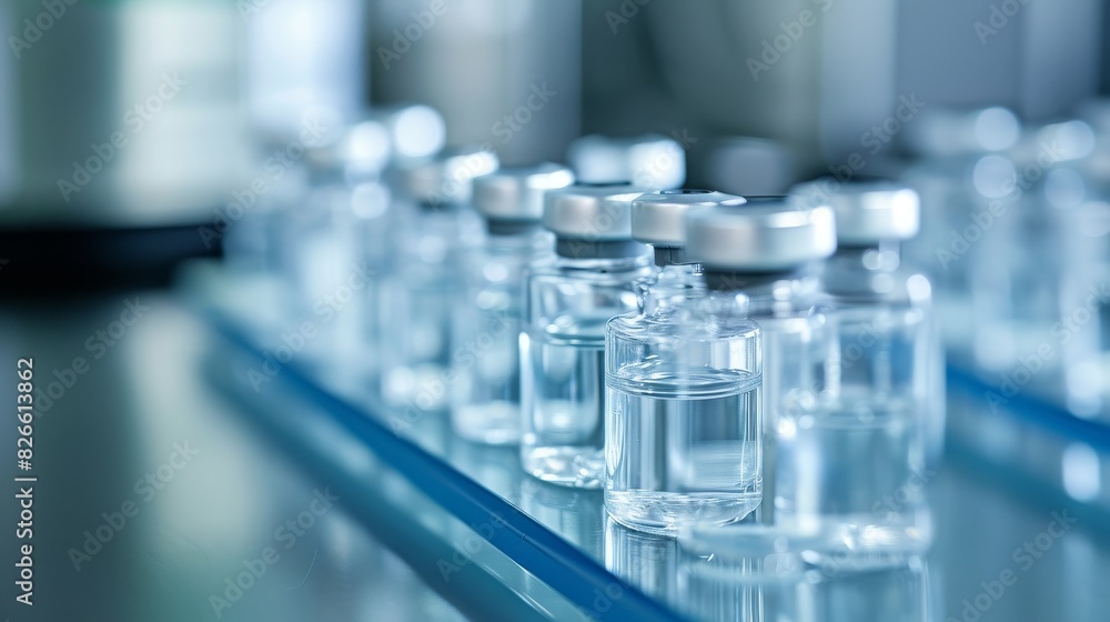 Glass table in a medical facility, with multiple vaccine vials in various stages of preparation Glass table in a medical facility, with multiple vaccine vials in various stages of preparation