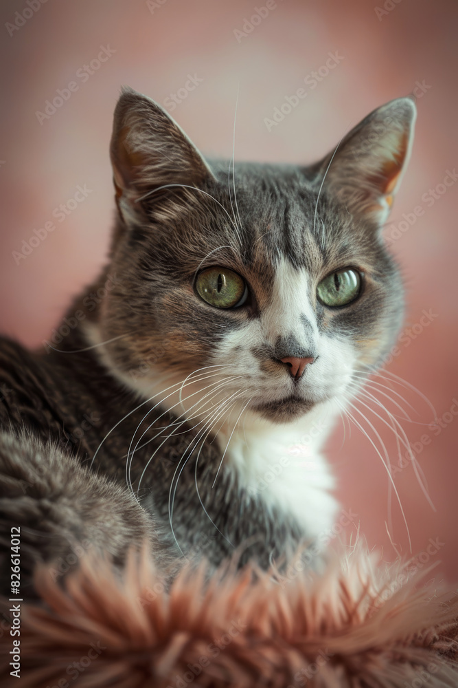 Close up Portrait of an Adorable Domestic Cat with Green Eyes and Pink Background