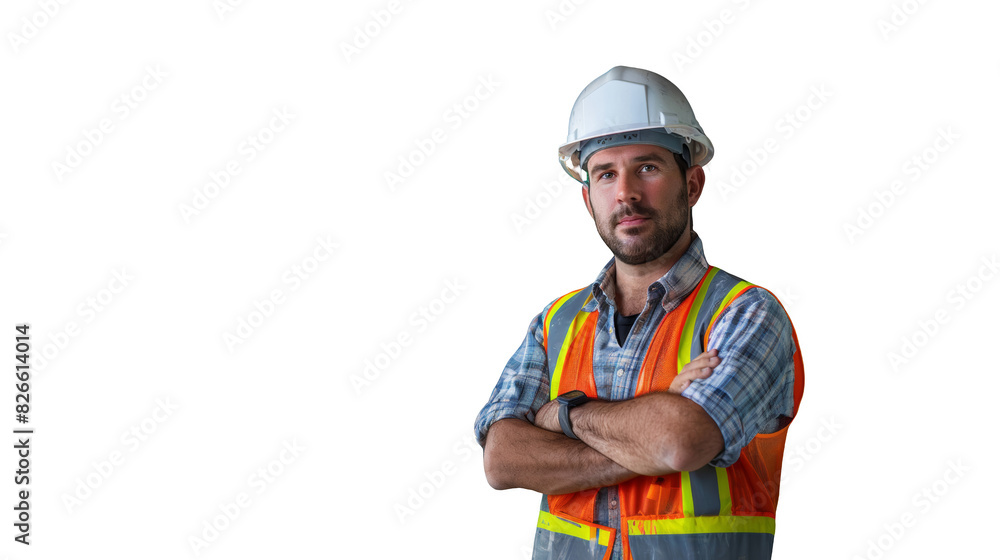 Site manager, wearing a white helmet and vest Site manager, wearing a white helmet and vest