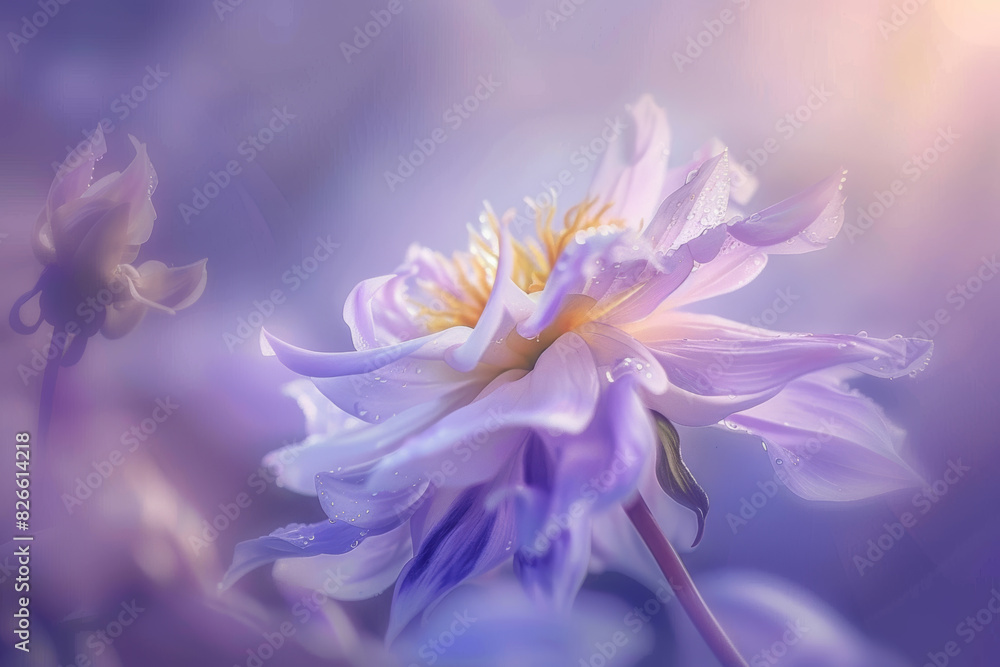 Serene Lavender Flower with Dew Drops in Soft Focus Light