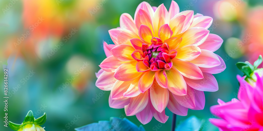 Vibrant Close Up of Yellow and Pink Dahlia Bloom in Lush Garden Setting