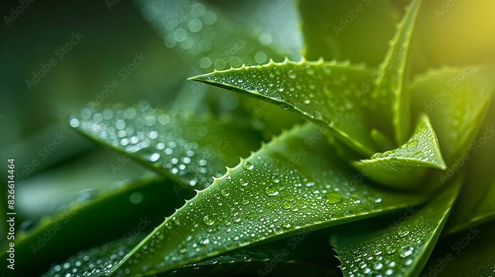 aloe vera leaves with water droplets, with sunlight filtering through aloe vera leaves with water droplets, with sunlight filtering through