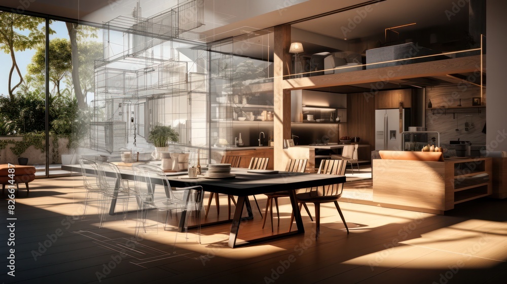 Contemporary Kitchen with Dynamic Digital Effects Displayed on Laptop in Warm Natural Lighting