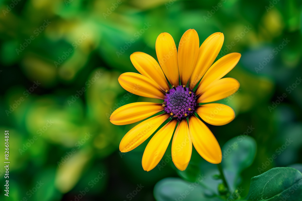 Vibrant Yellow Flower with Purple Center in Lush Greenery for Nature and Floral Vibrant Yellow Flower with Purple Center in Lush Greenery for Nature and Floral