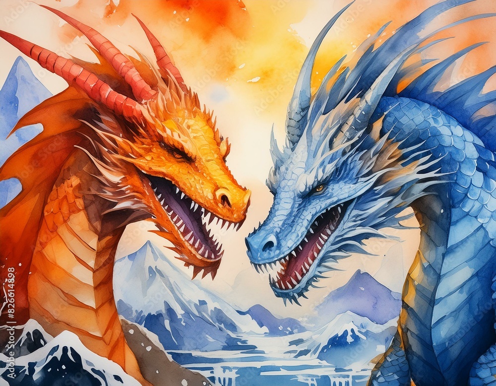 Vivid watercolor painting of a fiery orange and a frosty blue dragon ...