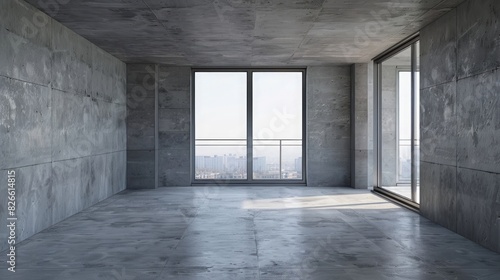 Empty room interior with gray concrete walls and floor, two windows and balcony on the right side, 