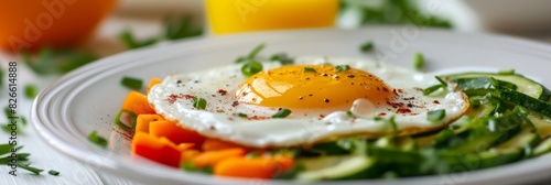 Breakfast table set with a plate of a fried egg served with colorful sauteed vegetables, accompanied by a glass of orange juice photo