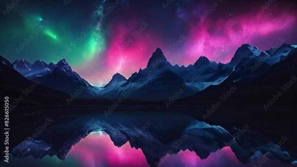 Beautiful view of mountains at night with the movement of colorful green aurora on the background of a starry night sky with mirror reflections in the lake. Colorful aurora night view background. 4K Beautiful view of mountains at night with the movement of colorful green aurora on the background of a starry night sky with mirror reflections in the lake. Colorful aurora night view background. 4K