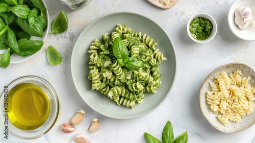 Flat lay of tasty basil pesto pasta plate with ingredients on white surface