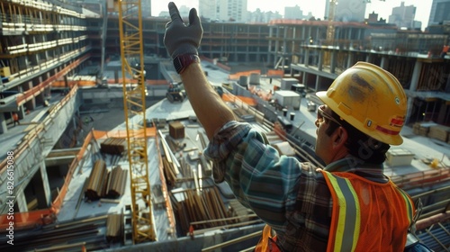 In the midst of a busy construction site a worker guides a crane operator with focused hand signals to place a load in a specific location. photo