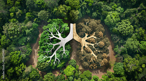 Aerial view of tree-shaped eco-friendly pathway in forest photo