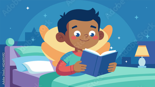 A little boy lying in a hospital bed his face lighting up with joy as he reads an augmented reality book about superheroes the characters leaping from. Vector illustration