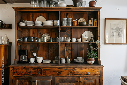 Rustic Wooden Cupboard with Neatly Arranged Crockery and Decorative Items in Cozy Kitchen