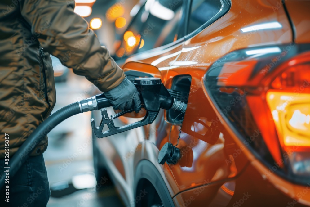Man refuels car with various parts at gas station Man refuels car with various parts at gas station