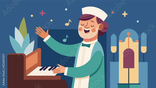 The church organist accompanies the choirs joyful rendition of Joy to the World inviting the congregation to sing along and celebrate the birth of. Vector illustration
